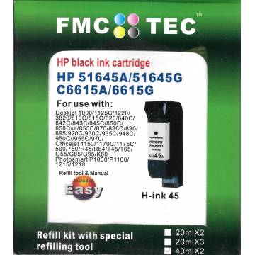 Mini Kit de Recarga FMC TEC, clónico Inktec, para HP nº 15, 40 y 45. negro 40ml x 2 Mini Kit de Recarga FMC TEC, clónico Inktec, para HP nº 15, 40 y 45. negro 40ml x 2