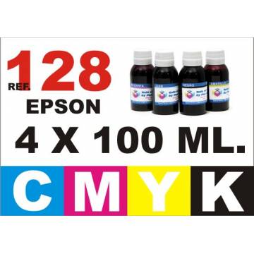 Para cartuchos Epson 128 129 130 pack 4 botellas 100 ml. compatible cmyk Para cartuchos Epson 128 129 130 pack 4 botellas 100 ml. compatible cmyk