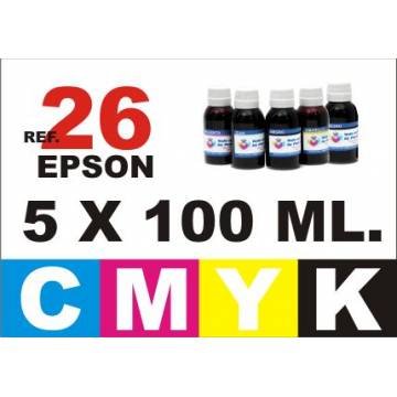 Para cartuchos Epson 26 xl pack 5 botellas 100 ml. compatible cmyk Para cartuchos Epson 26 xl pack 5 botellas 100 ml. compatible cmyk